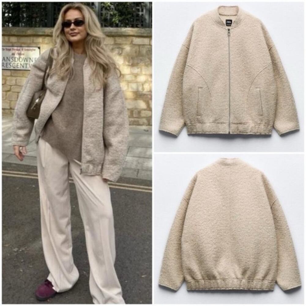 Zara Oatmeal Beige Oversized Boucle Teddy Bomber Jacket Size M/L 5070/642